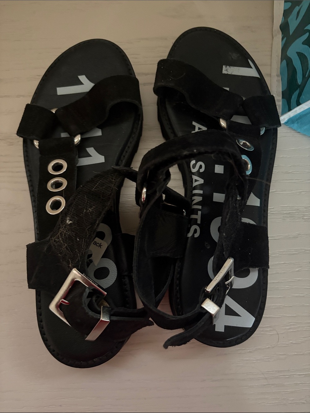 All Saints Black Suede Grommet Ankle-Strap Sandals